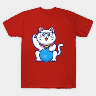 Cute Cat Playing Ball Cartoon (2) T-Shirt